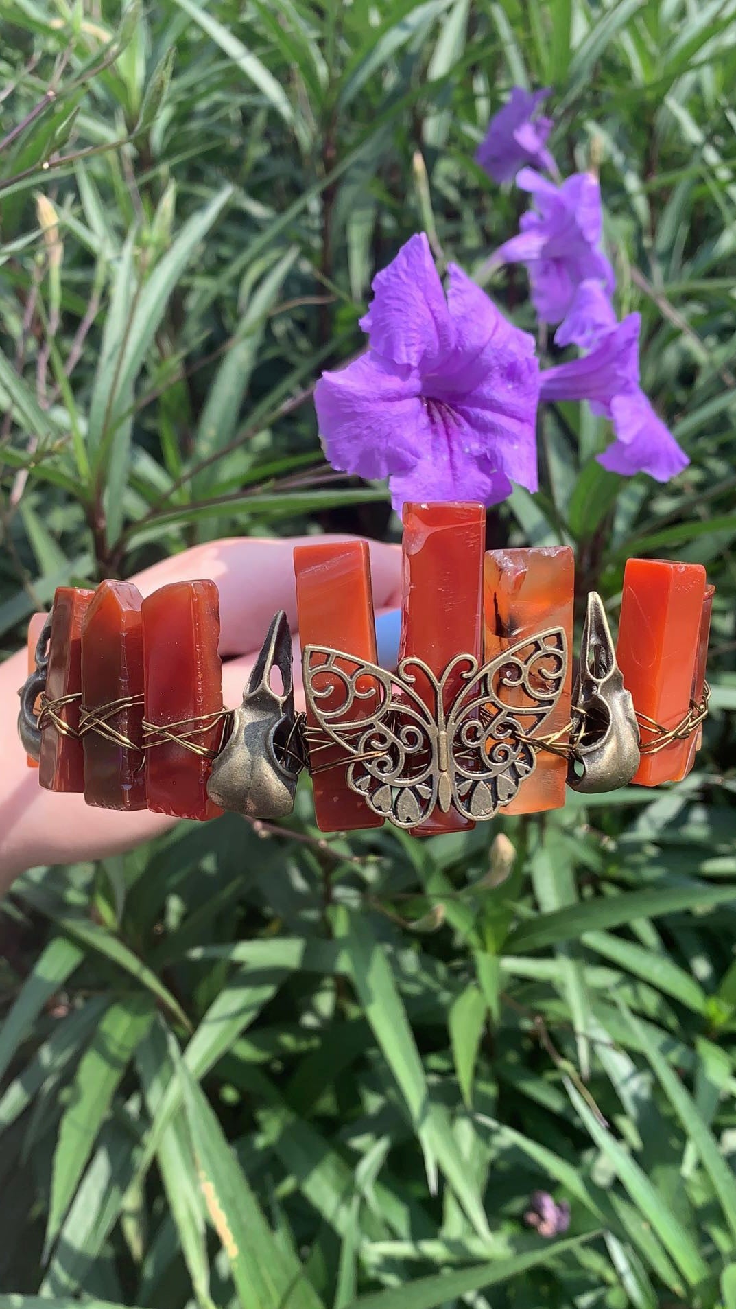 Carnelian Crown with Antique Bronze Butterfly and Raven Designs