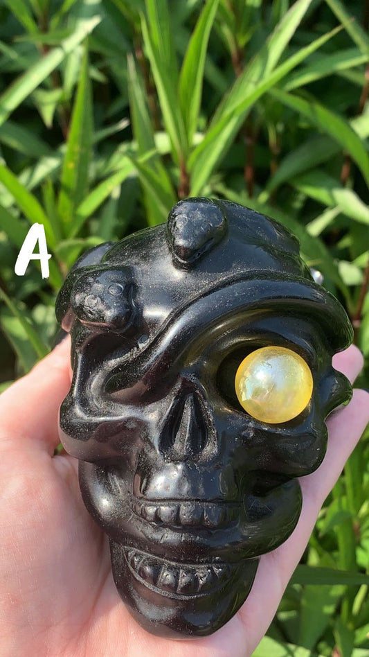 Obsidian "Pirate" Skull with Removable Aura Quartz Eye
