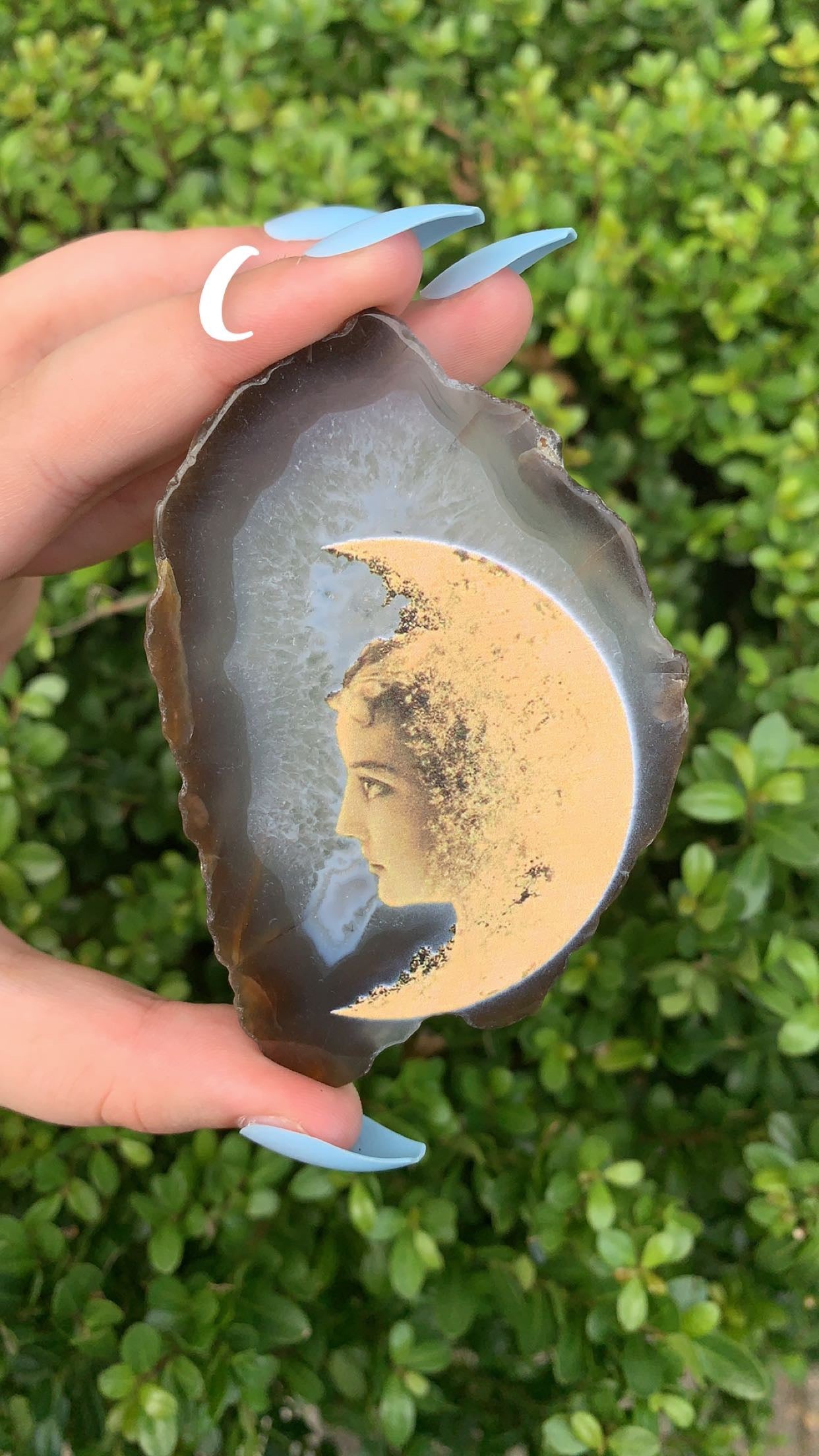 Agate Slab with Vintage Lady in the Moon Print