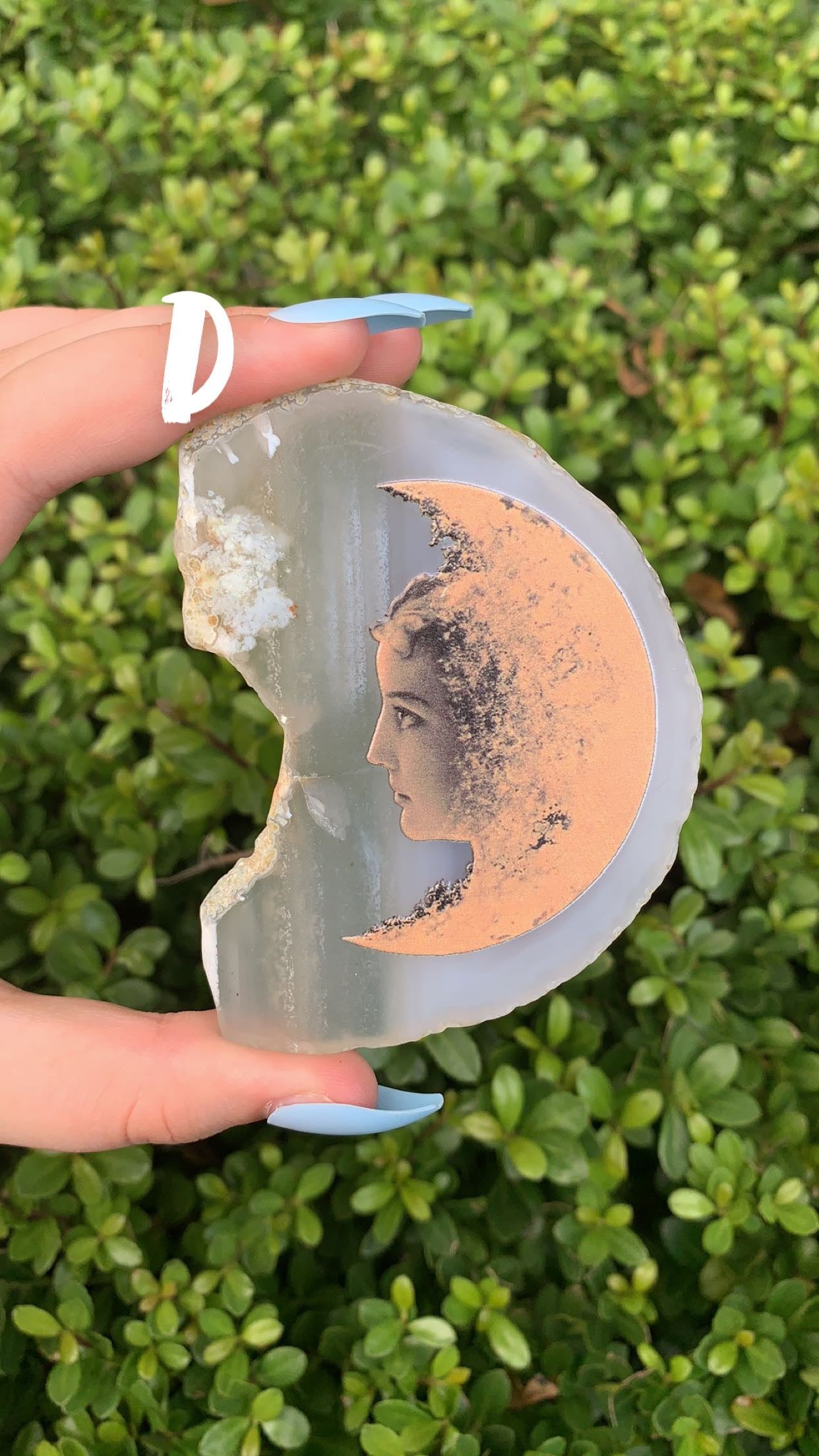 Agate Slab with Vintage Lady in the Moon Print